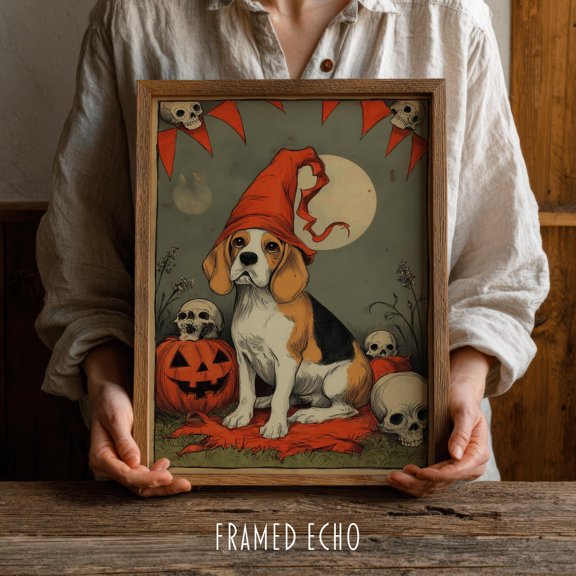 Beagle Print: Spooky Dog, Skulls, Pumpkins UNFRAMED Poster, Wall Art for Decor, Present, 8x12