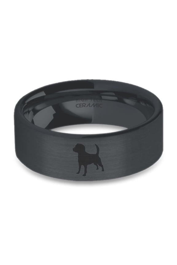 Beagle Puppy Dog Engraved Black on Black Brushed Ceramic Ring, 8mm, Size 5