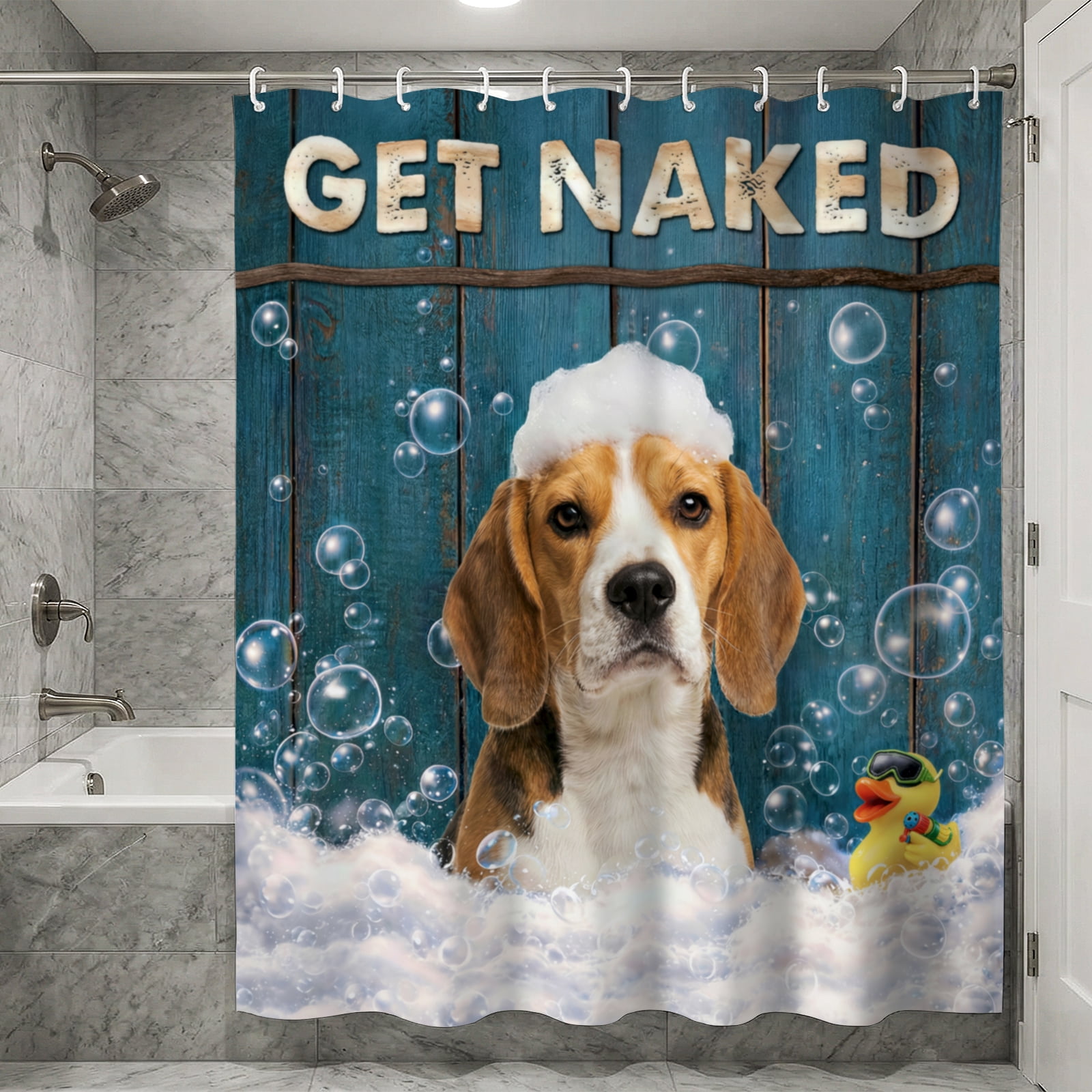 Beagle Puppy Shower Curtain Funny Dog Theme, "Get Naked" Bathroom Accessories for Dog Moms & Dads, Waterproof Fabric Bathroom Decor for Pet Lovers - 72"x72"