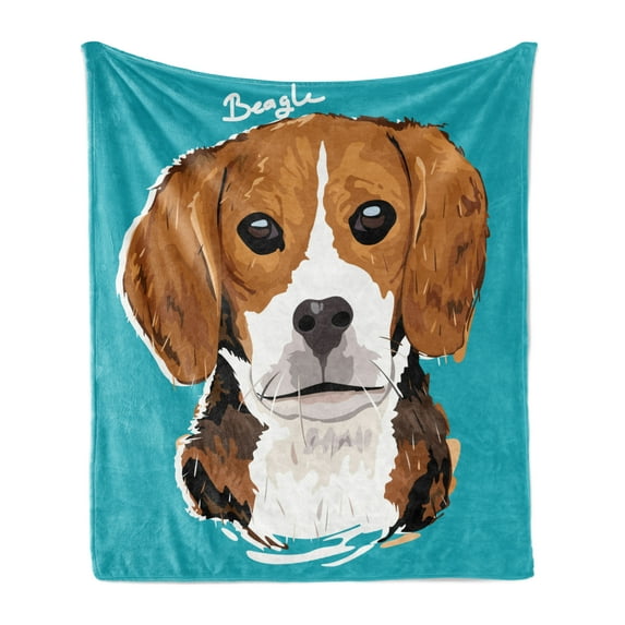 Beagle Soft Flannel Fleece Blanket, Cartoon Whiskered Dog Portrait Alongside Its Appellation Typography, Cozy Plush for Indoor and Outdoor Use, 70" x 90", Dark Seafoam and Multicolor, by Ambesonne