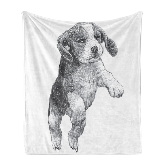 Beagle Soft Flannel Fleece Blanket, Pen Greyscale Drawing of Little Furry Animal Breed Jumping Up on Plain Backdrop, Cozy Plush for Indoor and Outdoor Use, 70" x 90", White and Grey, by Ambesonne