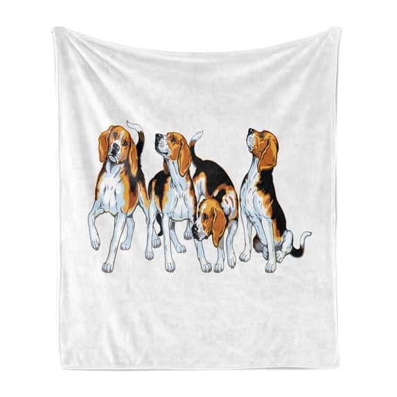 Beagle Soft Flannel Fleece Throw Blanket, 4 Beagle Hounds Siblings Playing Foxhound I Love My Dog Breed Theme, Cozy Plush for Indoor and Outdoor Use, 70" x 90", Brown White and Black, by Ambesonne