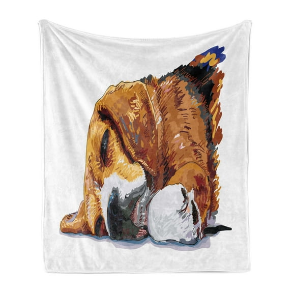Beagle Soft Flannel Fleece Throw Blanket, Dog Sleeping Canine Friendly Animal Companion Puppy Love Illustration, Cozy Plush for Indoor and Outdoor Use, 70" x 90", Cinnamon Brown White, by Ambesonne