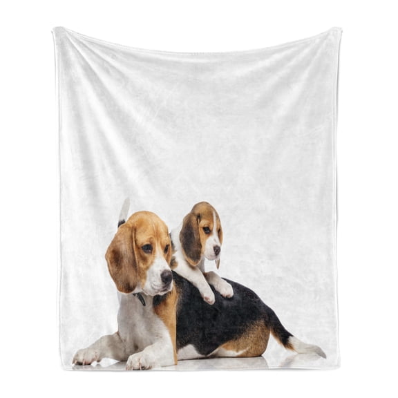 Beagle Soft Flannel Fleece Throw Blanket, Family with Mother and Baby Puppy Domestic Fur Animal Photography, Cozy Plush for Indoor and Outdoor Use, 50" x 60", Pale Caramel White Black, by Ambesonne