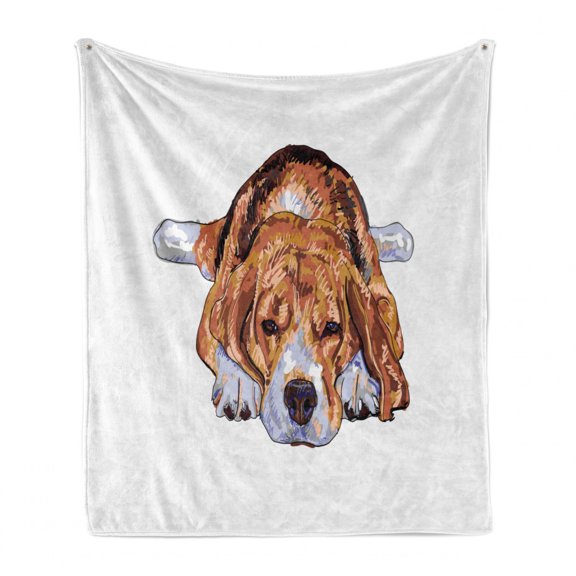 Beagle Soft Flannel Fleece Throw Blanket, Old Dog Resting Sleeping Tired Puppy Short Haired Purebred Sketch Art, Cozy Plush for Indoor and Outdoor Use, 70" x 90", Brown Baby Blue White, by Ambesonne