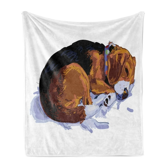 Beagle Soft Flannel Fleece Throw Blanket, Sketch Drawing Doodle Style Loyal Friend Sleeping on Plain Backdrop, Cozy Plush for Indoor and Outdoor Use, 60" x 80", Black Pale Caramel, by Ambesonne