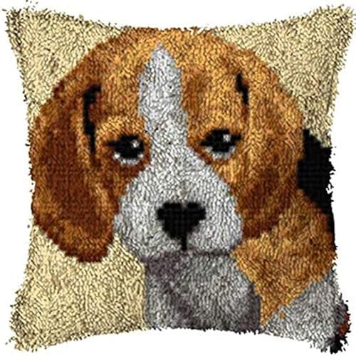 Beagle Terrier Latch Hook Pillow Kit for Adults Easy DIY Throw Pillow Cover Printed Canvas Crochet Yarn Needle Craft Handmade Cushion for Home Sofa Decoration 43x43cm
