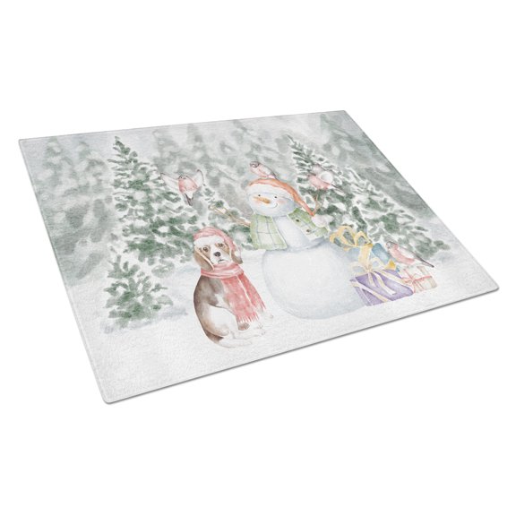 Beagle Tricolor with Christmas Presents Glass Cutting Board Large 12 in x 15 in