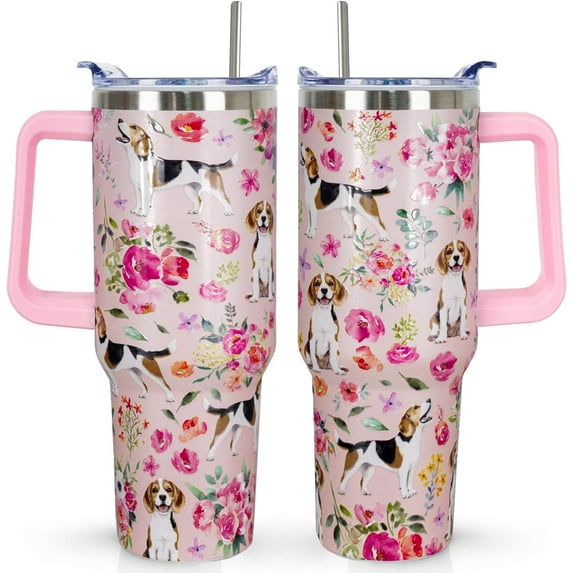 Beagle Tumbler Beagle Gifts 40 OZ 3D-Printed Insulated Cup Dog Lover Gift Travel Mug with Dogs Patterns and Vintage Florals(One Tumbler Included)
