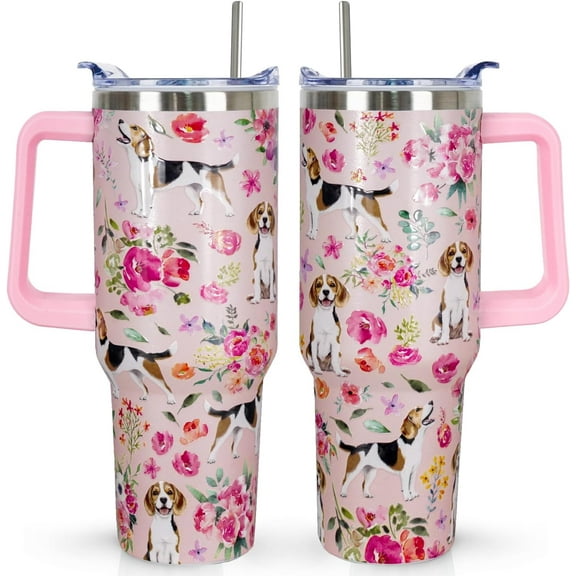 Beagle Tumbler Beagle Gifts 40 OZ 3D-Printed Insulated Cup Dog Lover Gift Travel Mug with Dogs Patterns and Vintage Florals(One Tumbler Included)