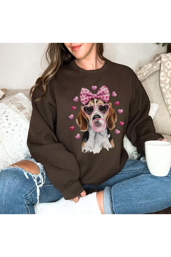 Beagle Valentine Day Sweatshirt, Heart Bow Beagle Sweater, Coquette Vday Beagle Lover , Trendy Ribbon Beagle Dog Mom Crewneck Top