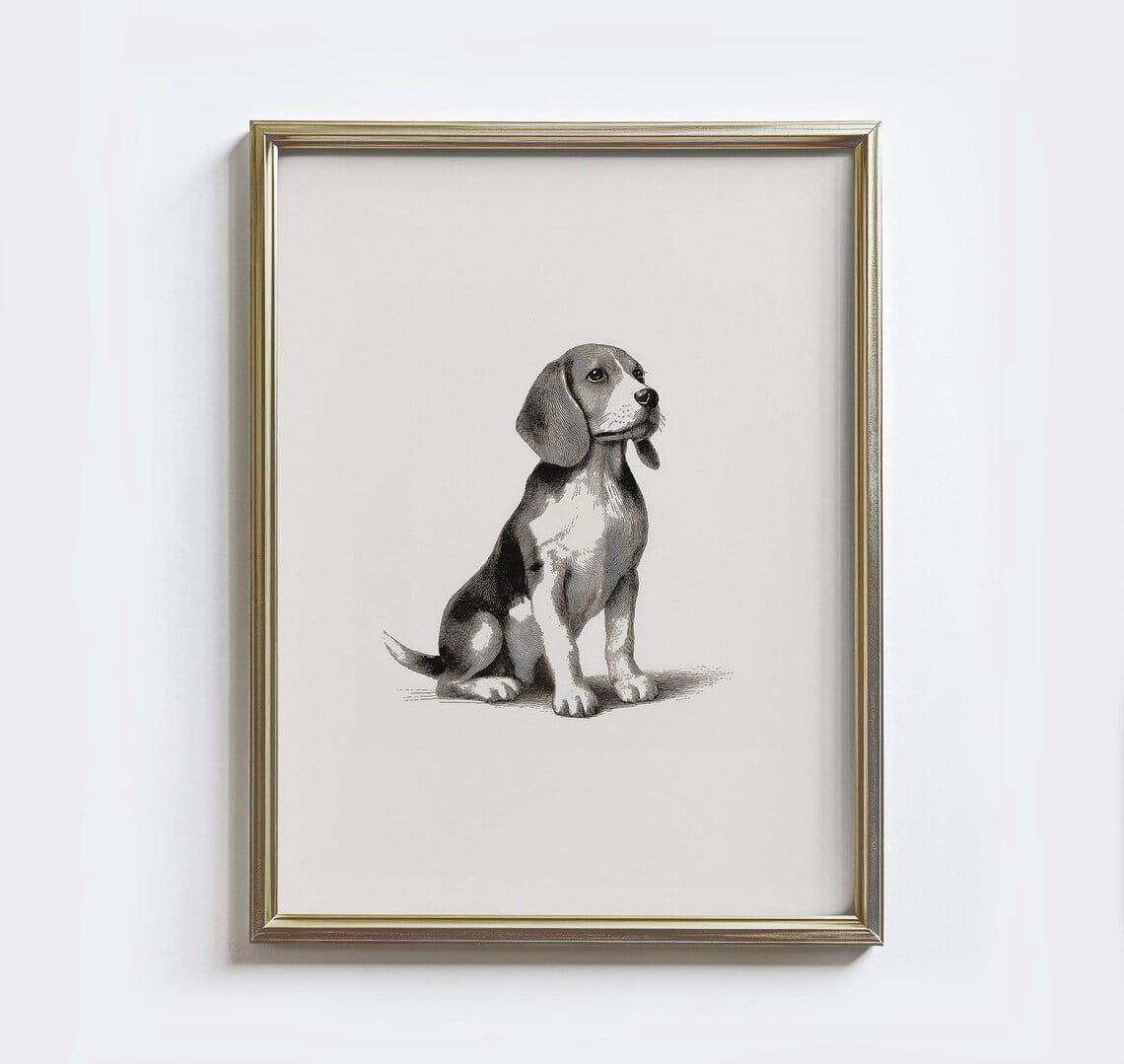 Beagle Vintage Dog Sketch Wall Art Print, Rustic Country Farmhouse Home ...