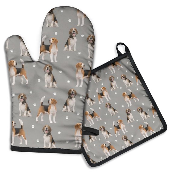 Beagle and Dog Footprints Kitchen Oven Mitt and Pot Holder Sets 2 Pcs for Baking, Cooking and Grilling, Heat Resistant Up To 392 °F