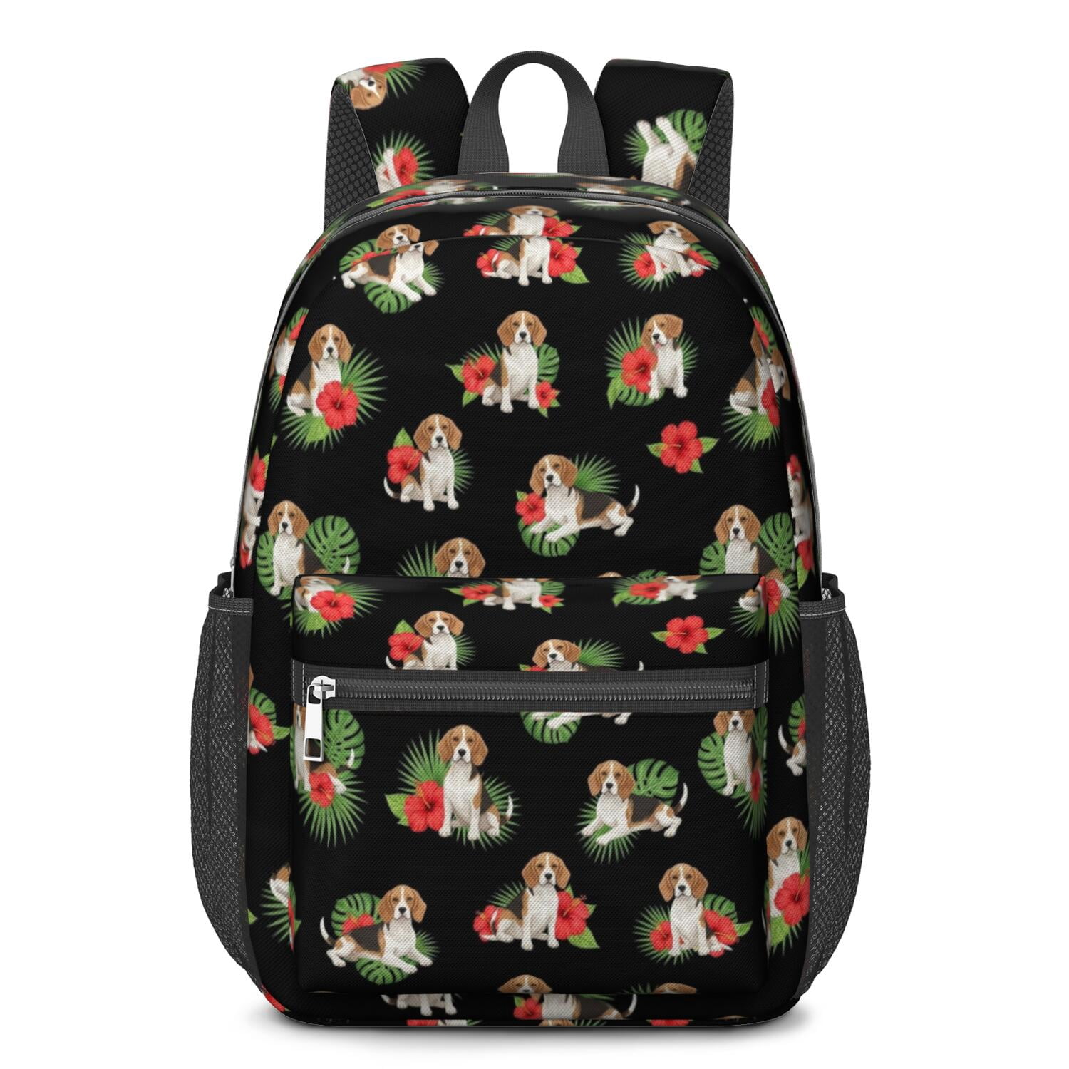 Beagle and Floral Black Pattern 17" Waterproof Oxford School Backpacks ...
