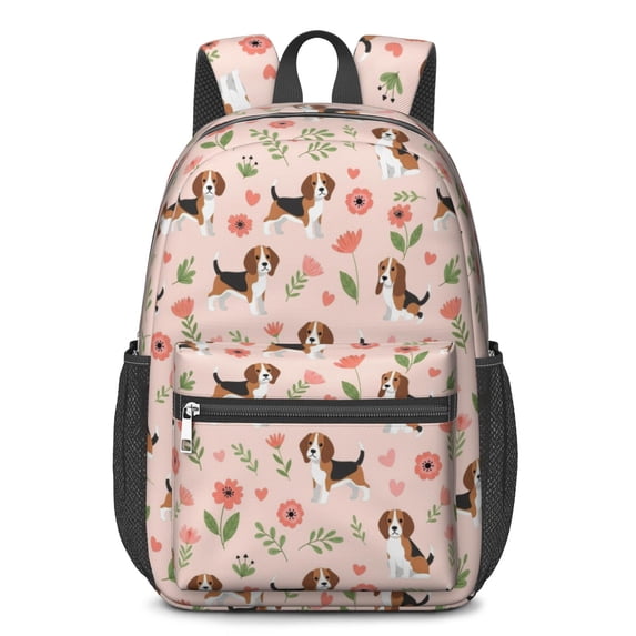 Beagle and Flower Pink Pattern 17" School Backpacks for Teens,Waterproof Oxford Fabric,S-Shape Padded Straps for School,Travel,Hiking,Camping