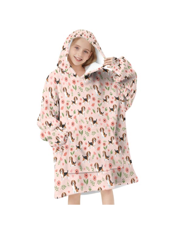 Beagle and Flower Pink Pattern Flannel Blanket Hoodies for Teens ,Teens Oversize Sherpa Wearable Hooded Blanket Sweatshirt with Super Pockets