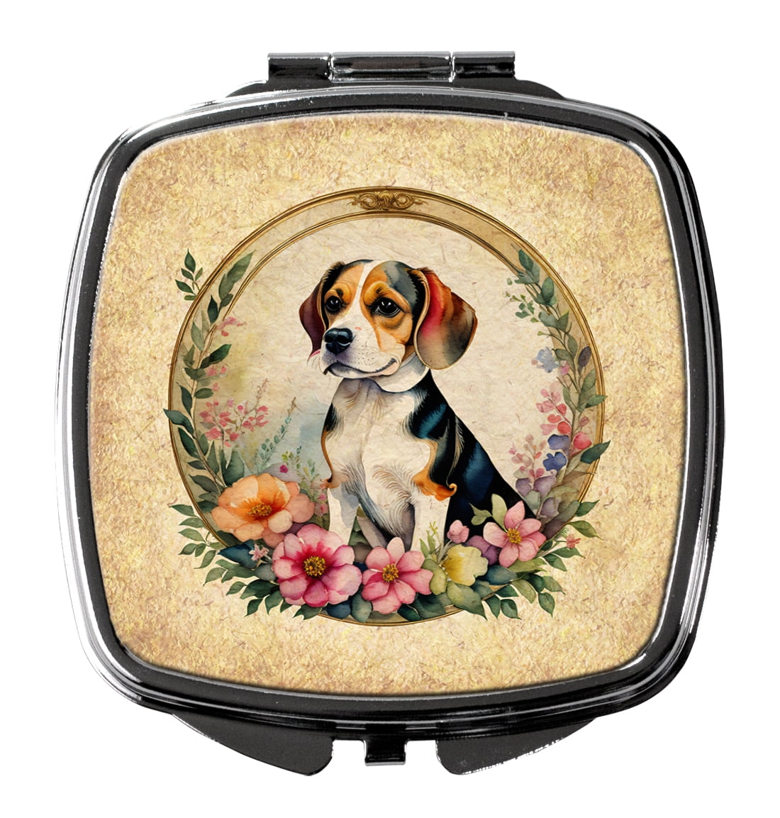Beagle and Flowers Compact Mirror 2.75 in x 3 in