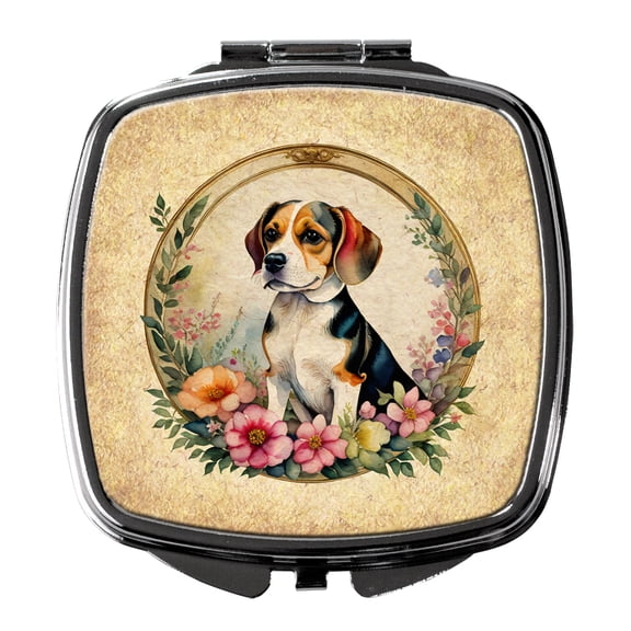 Beagle and Flowers Compact Mirror 2.75 in x 3 in