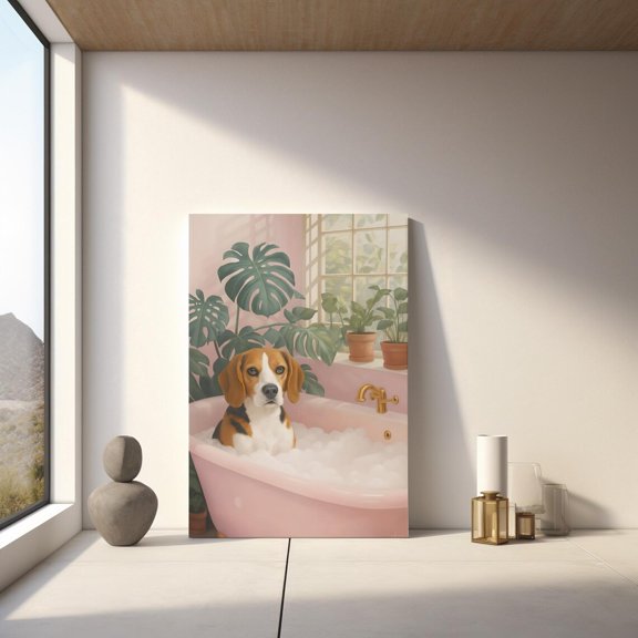 Beagle in Bubble Bath Art Dog Poster Whimsical Bathroom Wall Decoration, Unframed Paper Poster 24x36in