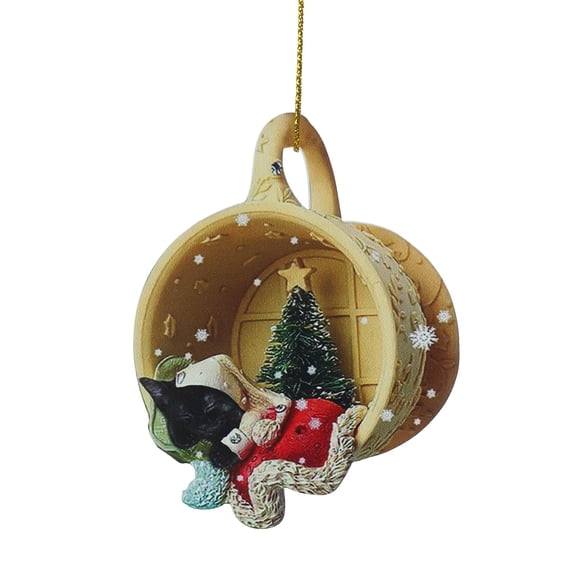 Beagle in Teacup Christmas Ornament with Santa Hat and Mini Tree, Festive Hanging Decor for Dog Lovers and Holiday Season Decorations - C