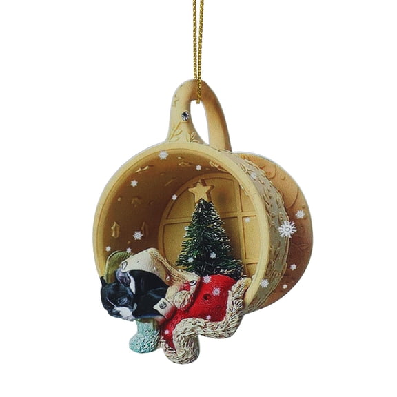 Beagle in Teacup Christmas Ornament with Santa Hat and Mini Tree, Festive Hanging Decor for Dog Lovers and Holiday Season Decorations - F