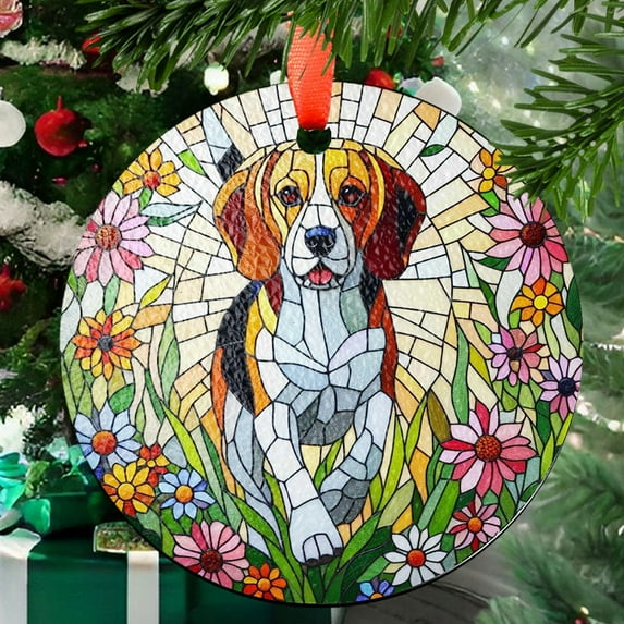 Beagle wildflowers GLASS Suncatcher Hanging, Beagle suncatcher window decor, beagel mom gift suncatcher hanging, Stained Glass Ornament 2025, Holiday Decoration, Seasonal Keepsake