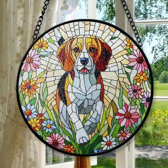 Beagle wildflowers GLASS Suncatcher Hanging, Beagle suncatcher window decor, beagel mom gift suncatcher hanging, Stained Glass Ornament 2025, Holiday Decoration, Seasonal Keepsake