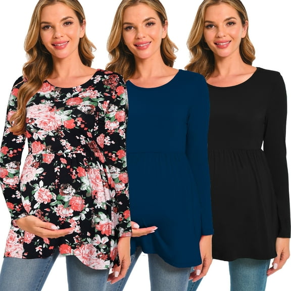 Beaisland Women's Long Sleeve Maternity Shirts Basic Casual Pregnancy Top 3-Pack