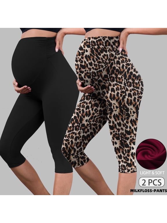 Women's Maternity Capri Leggings over The Belly Pregnancy Yoga Pants Workout Activewear Leggings 2-Pack