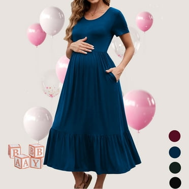 Beaisland Women’s Maternity Dress Short Sleeve Pleated Flowing Pregnancy Beach Dresses