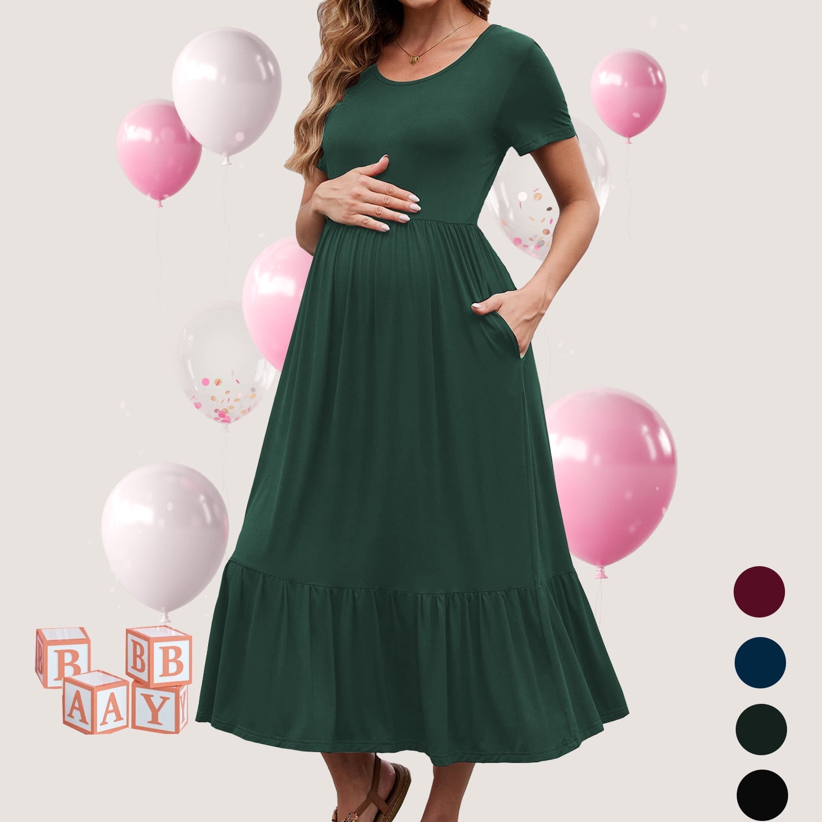 Women's Maternity Dress Short Sleeve Pleated Flowing Pregnancy Beach Dresses