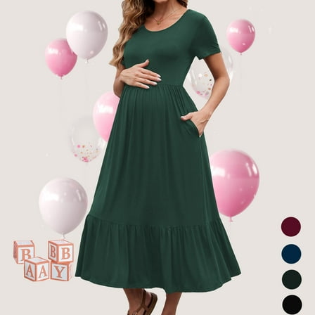 Beaisland Women’s Maternity Dress Short Sleeve Pleated Flowing Pregnancy Beach Dresses