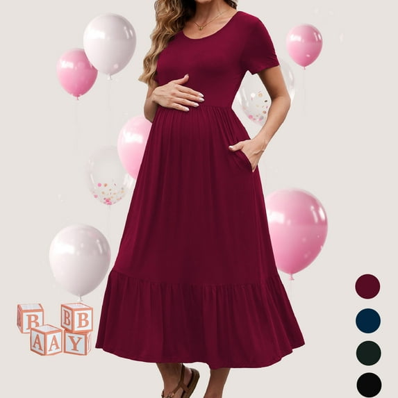 Beaisland Women’s Maternity Dress Short Sleeve Pleated Flowing Pregnancy Beach Dresses