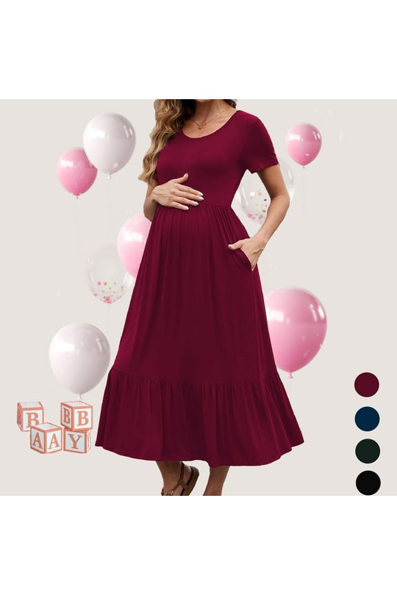 Women’s Maternity Dress Short Sleeve Pleated Flowing Pregnancy Beach Dresses