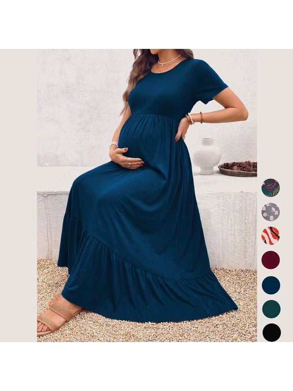 Women's Maternity Dress Short Sleeve Pleated Flowing Pregnancy Beach Dresses
