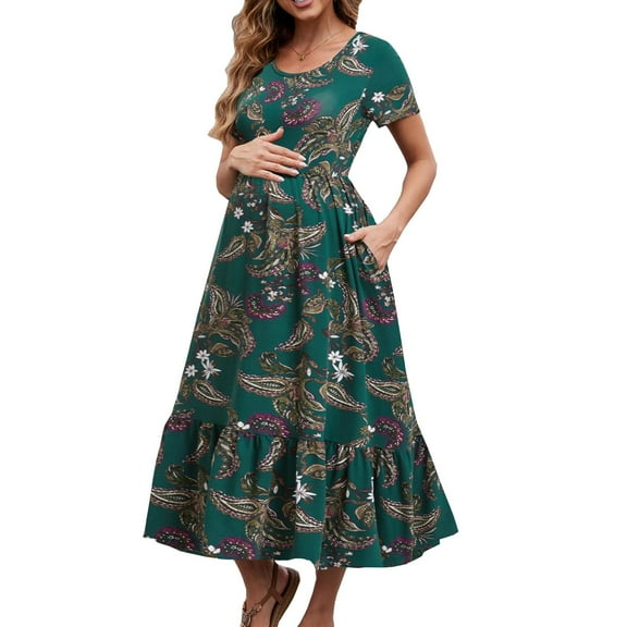 Beaisland Women's Maternity Dress Short Sleeve Pleated Flowing Pregnancy Beach Dresses