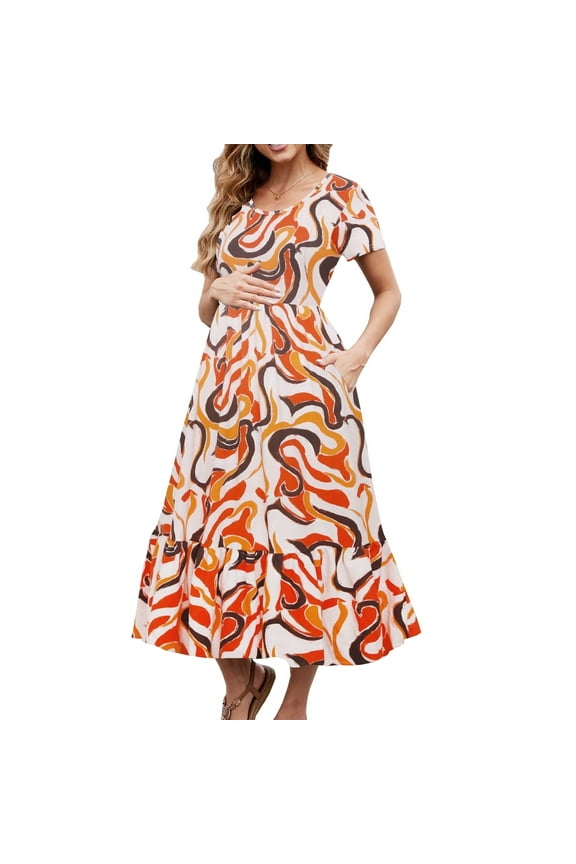Women's Maternity Dress Short Sleeve Pleated Flowing Pregnancy Beach Dresses