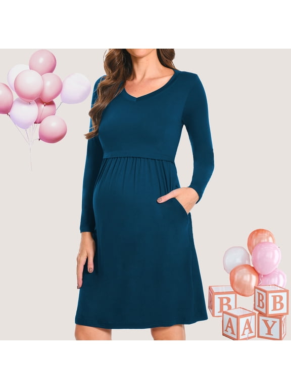 Women's Maternity Nursing Dress Long Sleeve Midi Dress For Breastfeeding with Pockets
