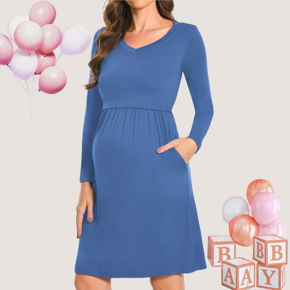 Beaisland Women's Maternity Nursing Dress Long Sleeve Midi Dress For Breastfeeding with Pockets