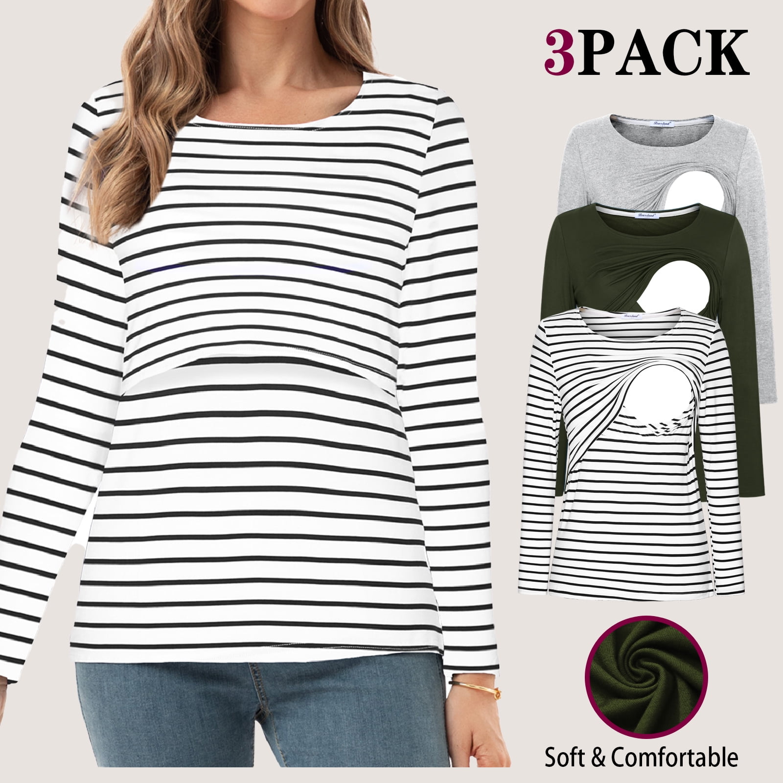 Beaisland Women's Maternity Nursing Tops Comfy Long Sleeve Breastfeeding T-Shirt 3-Pack