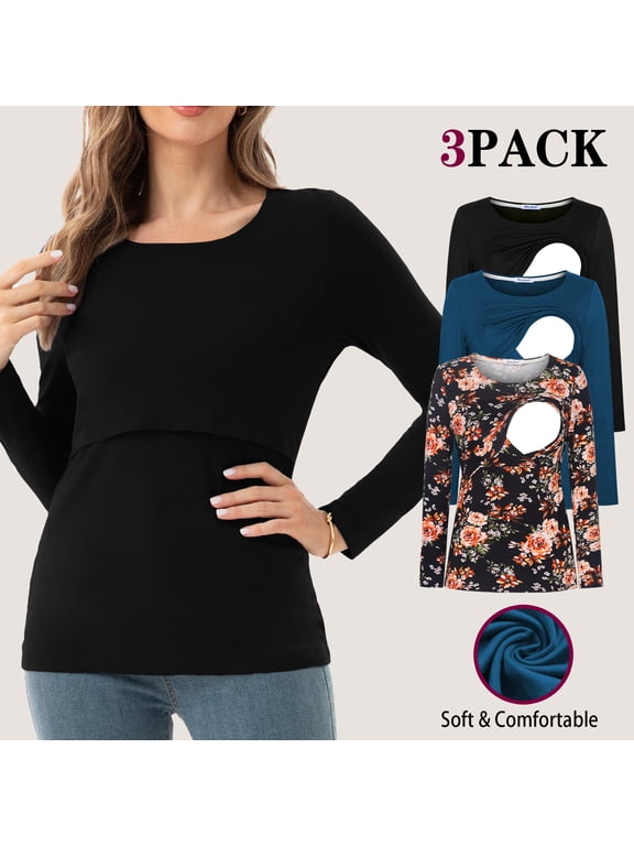 Women's Maternity Nursing Tops Comfy Long Sleeve Breastfeeding T-Shirt 3-Pack