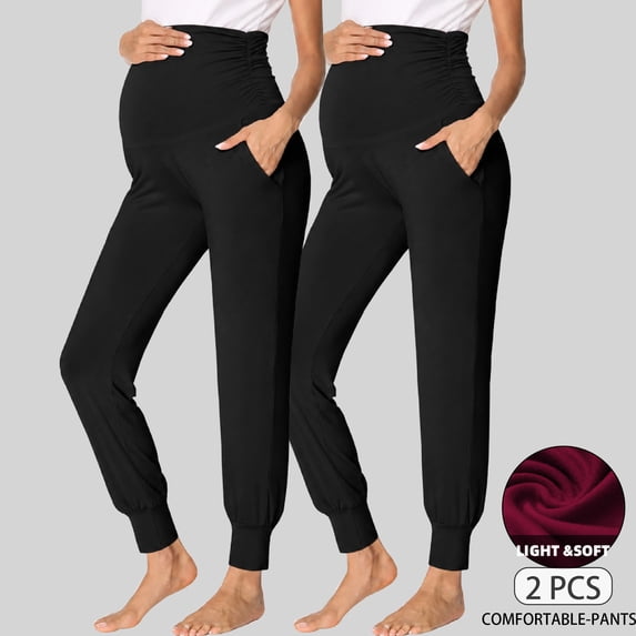 Beaisland Women's Maternity Pants over The Belly Pregnancy Pants Jogger Sweatpants Workout Activewear Leggings with Pockets 2-Pack