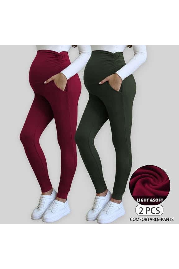 Women's Maternity Pants over The Belly Pregnancy Pants Jogger Sweatpants Workout Activewear Leggings with Pockets 2-Pack