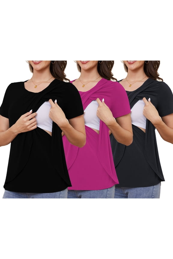 Maternity Shirts Short Sleeve Nursing Tops, 3-Pack