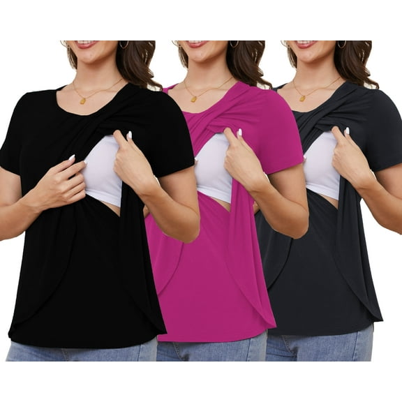 Beaisland Maternity Shirts Short Sleeve Nursing Tops, 3-Pack