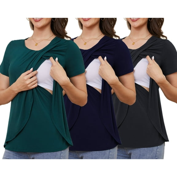 Beaisland Maternity Shirts Short Sleeve Nursing Tops, 3-Pack