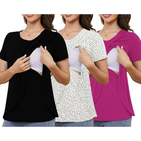 Beaisland Maternity Shirts Short Sleeve Nursing Tops, 3-Pack