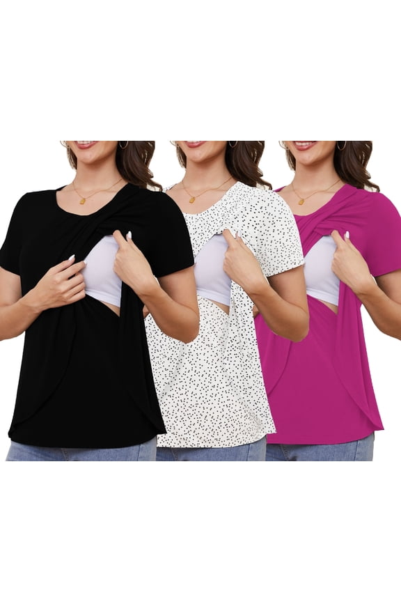 Maternity Shirts Short Sleeve Nursing Tops, 3-Pack