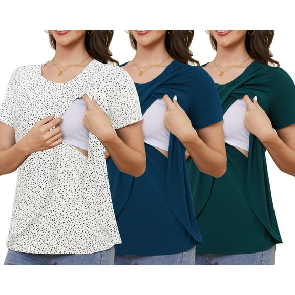 Beaisland Maternity Shirts Short Sleeve Nursing Tops, 3-Pack