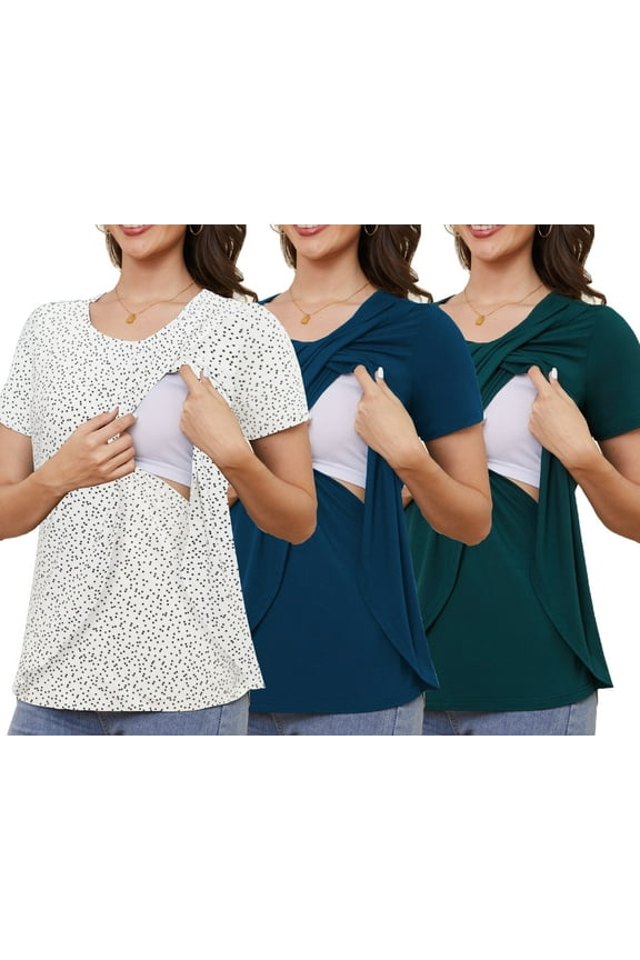 Maternity Shirts Short Sleeve Nursing Tops, 3-Pack